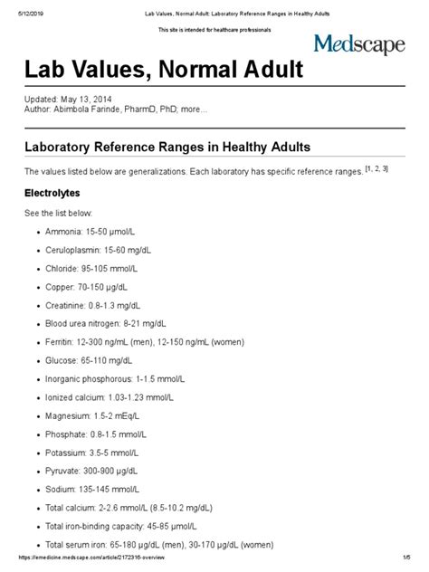 Lab Values, Normal Adult: Laboratory Reference Ranges in.